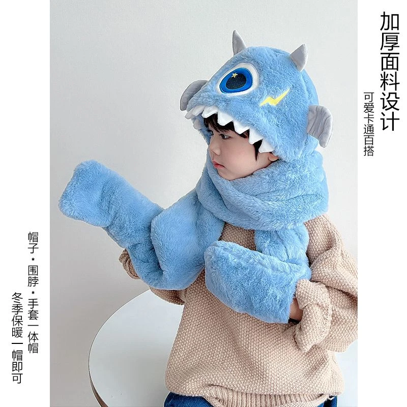 儿童帽子冬款卡通男童一体帽毛绒帽围脖手套女孩保暖宝宝帽子冬季