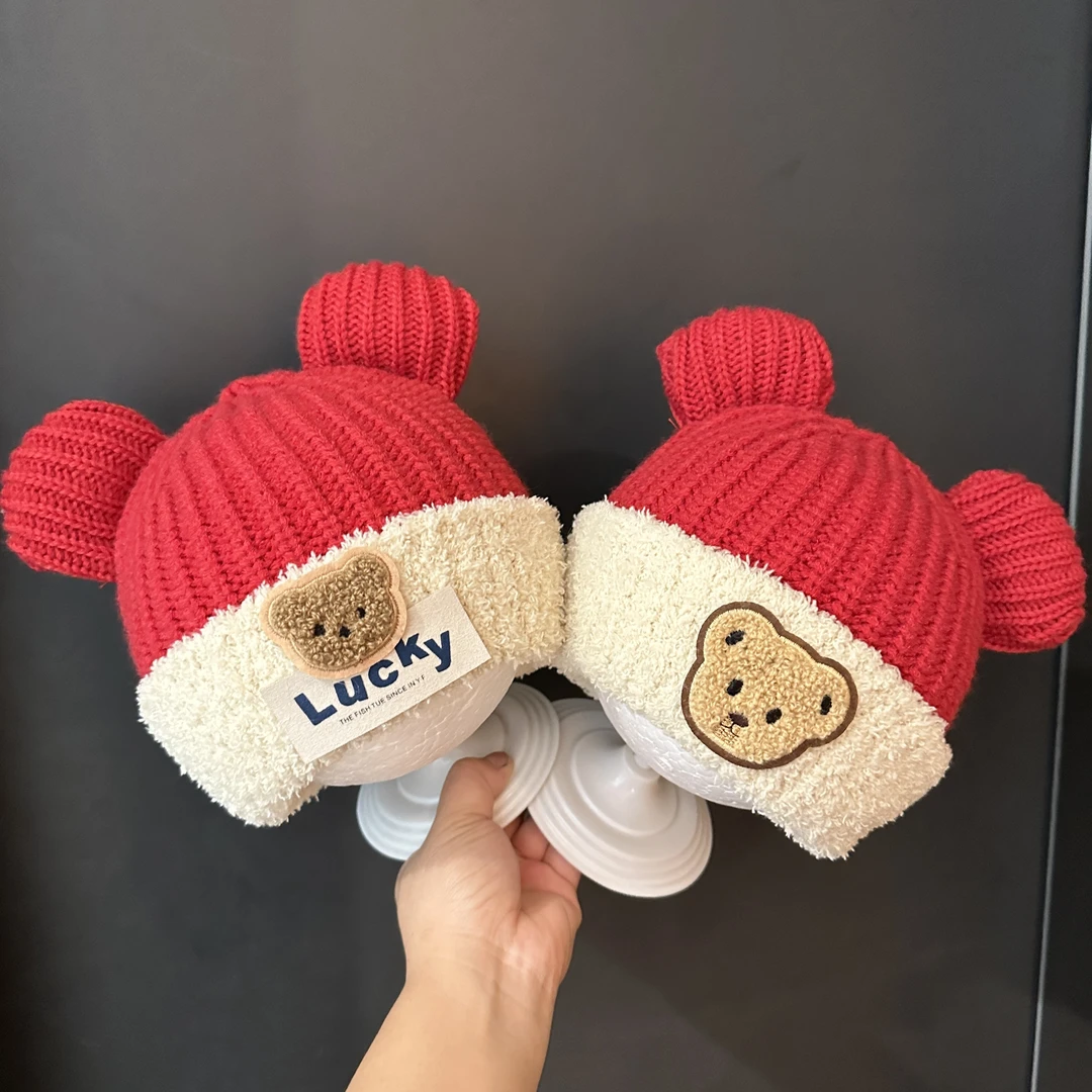 新年宝宝帽子秋冬季加绒保暖毛线帽婴幼儿红色护耳帽男女童毛线帽