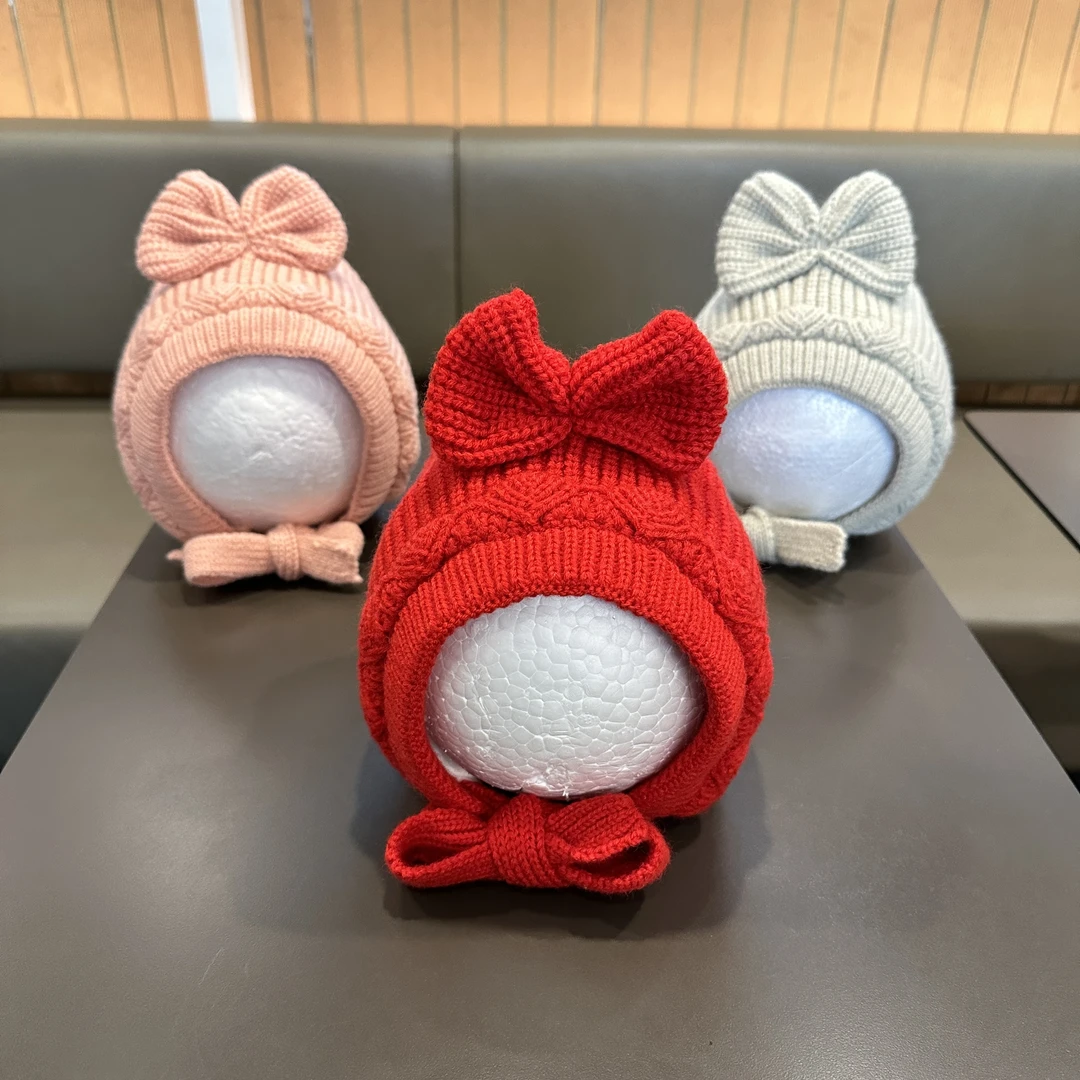 婴儿帽子秋冬可爱女宝宝公主帽甜美蝴蝶结女童针织毛线护耳帽冬天