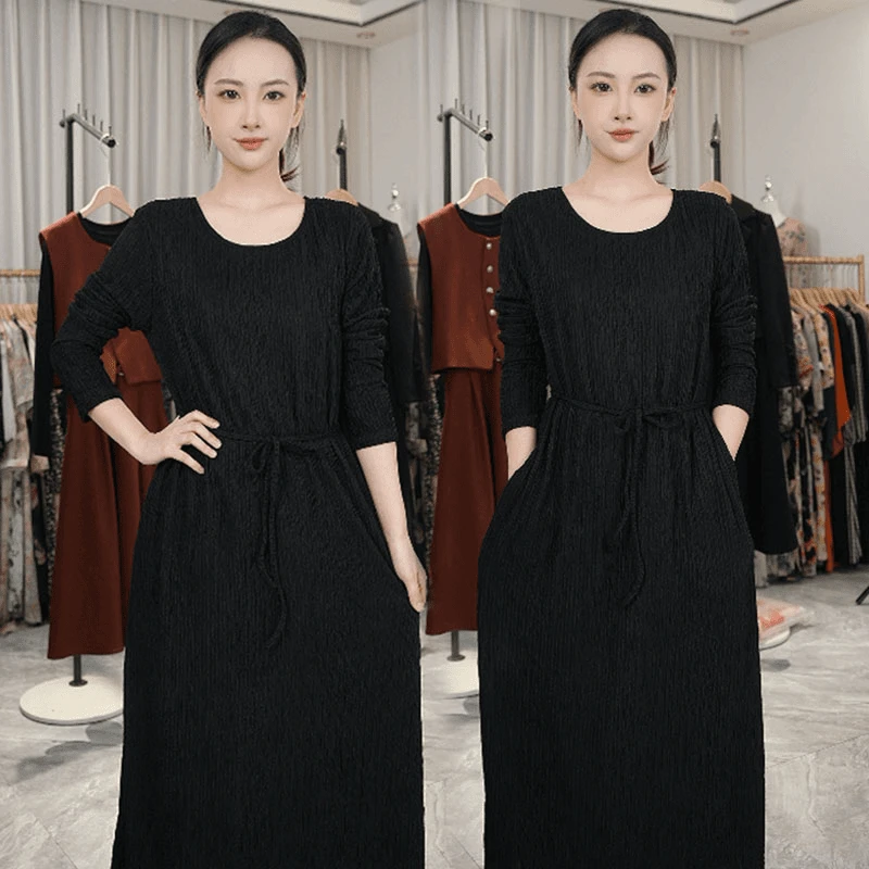 法式连衣裙女复古洋气时尚黑色显瘦收腰长袖休闲气质打底长裙