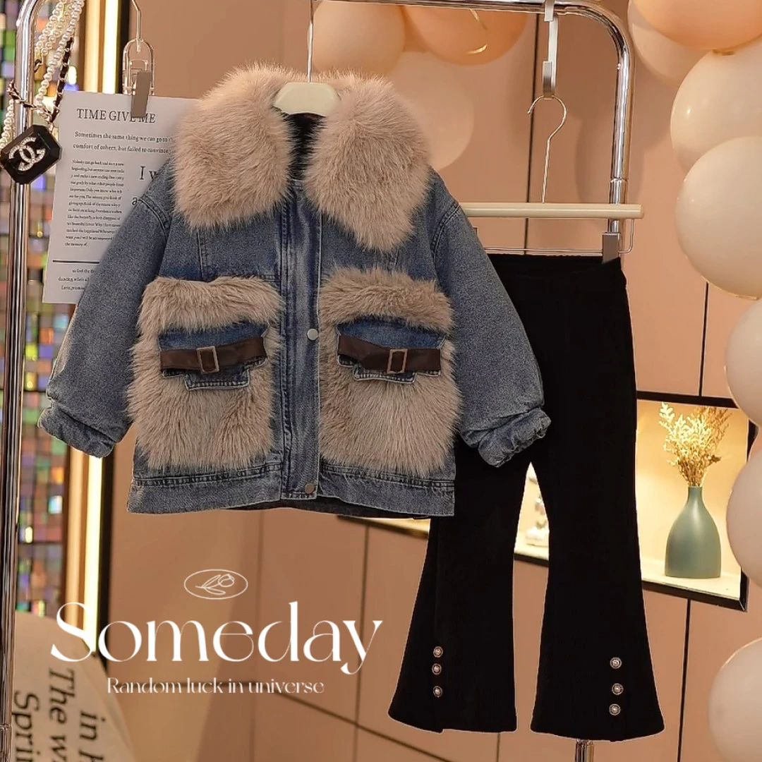 女童装冬款2023新款夹棉牛仔派克服外套