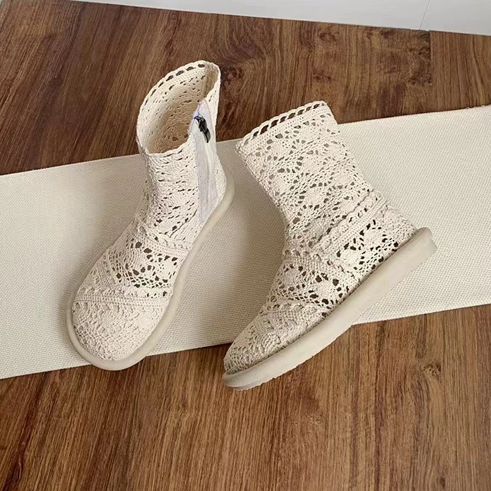 2024春夏季凉靴女凉鞋棉麻仙女风网靴镂空短靴春秋单靴薄款马丁靴