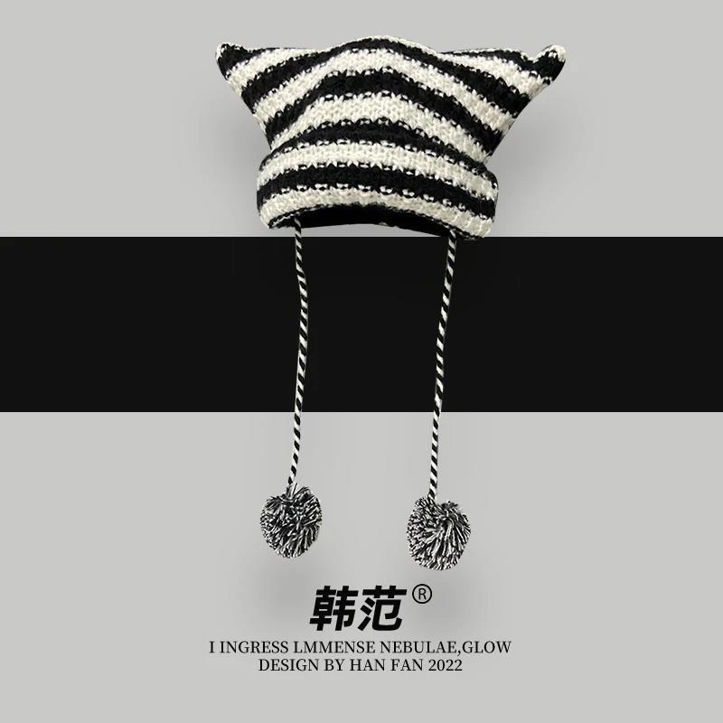 日系可爱时尚挂球毛线帽女凹造型恶魔角尖尖帽潮人出街时髦冷帽