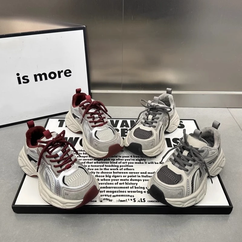 真皮加绒超轻厚底休闲鞋女百搭软底老爹鞋2024冬季保暖显小运动鞋