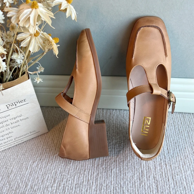 林印象自制真皮手工鞋2025春季新款文艺复古方头粗跟丁字带单鞋女