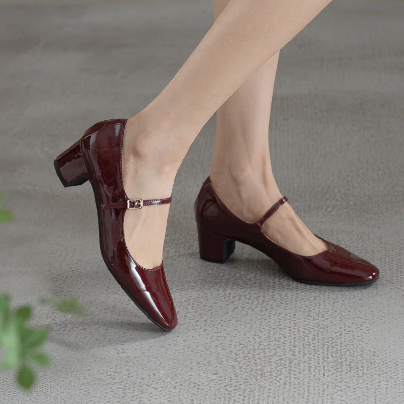 林印象自制酒红色漆皮玛丽珍单鞋女春四季款高跟鞋配裙子礼服鞋