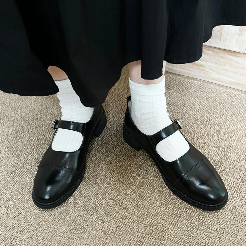 林印象自制一字扣复古粗跟单鞋女圆头低帮中跟日常通勤玛丽珍鞋