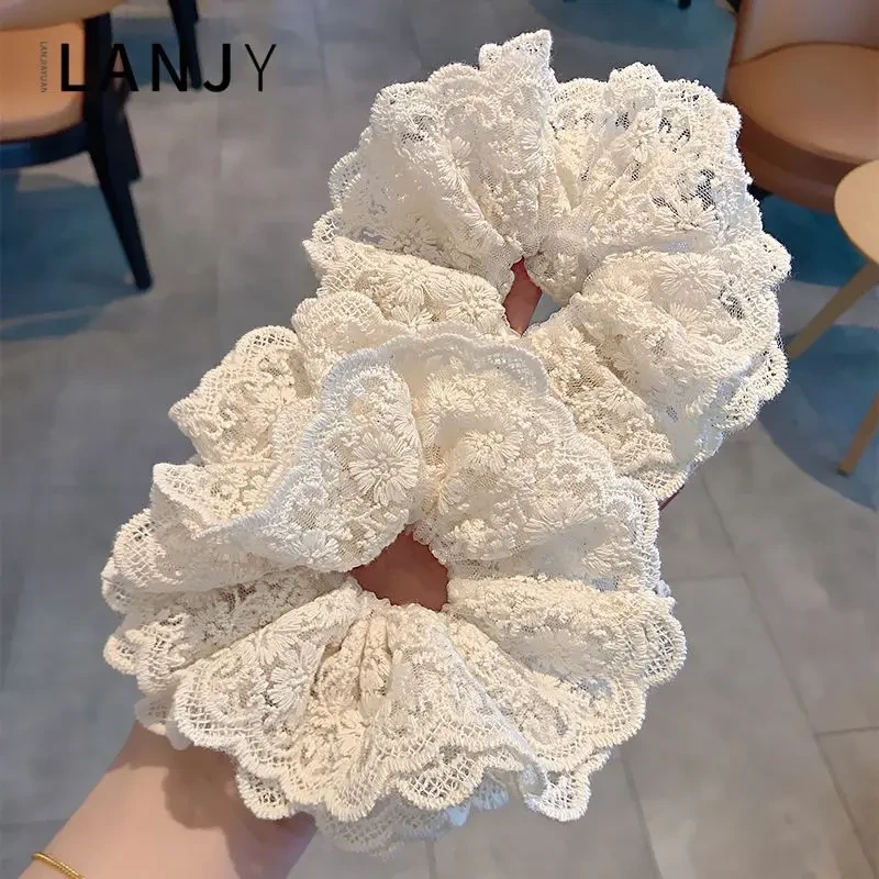 甜美优雅赵露思同款双层花边刺绣蕾丝发圈女丸子头发绳芭蕾头饰女