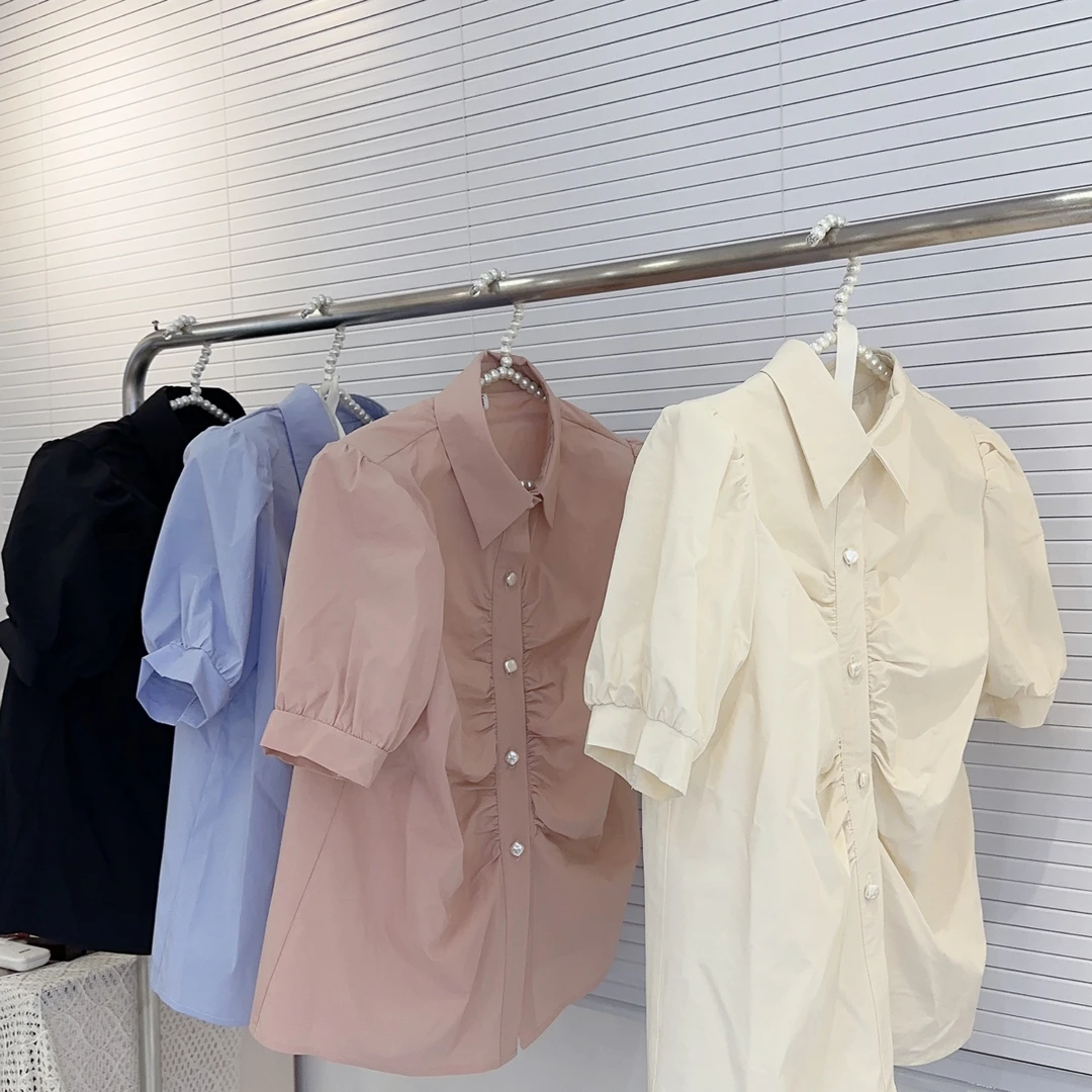 【TAOZI】新款珍珠扣皱皱衬衣