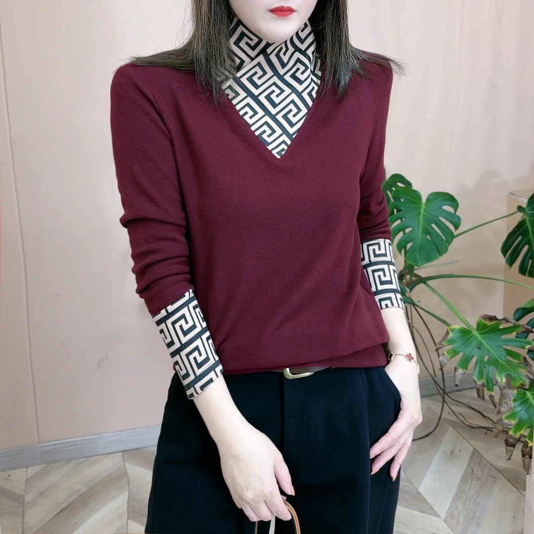 半高领打底衫女2024秋冬新款洋气内搭保暖百搭拼接设计感长袖T恤