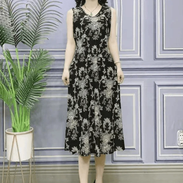 2024夏季新款中长款高弹力腰带无袖V领显瘦复古印花宽松连衣裙女