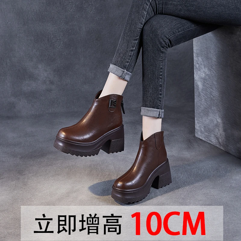 复古英伦风马丁靴女粗跟高跟短靴加绒厚底百搭女鞋真皮短靴舒适