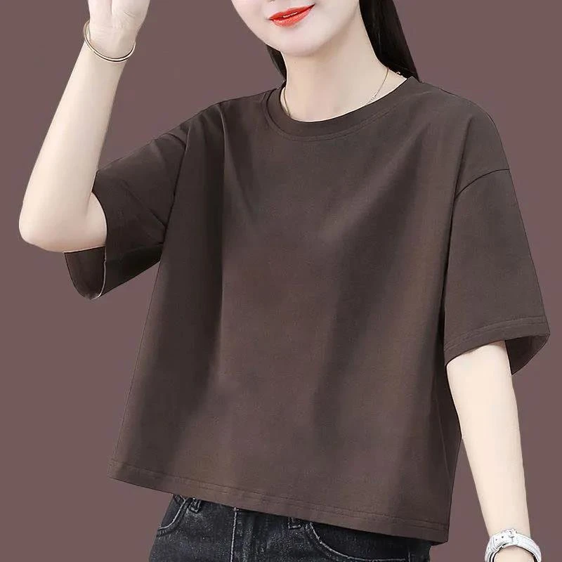纯棉短袖T恤女夏季100%棉减龄重磅宽松洋气正装打底衫大码百搭遮