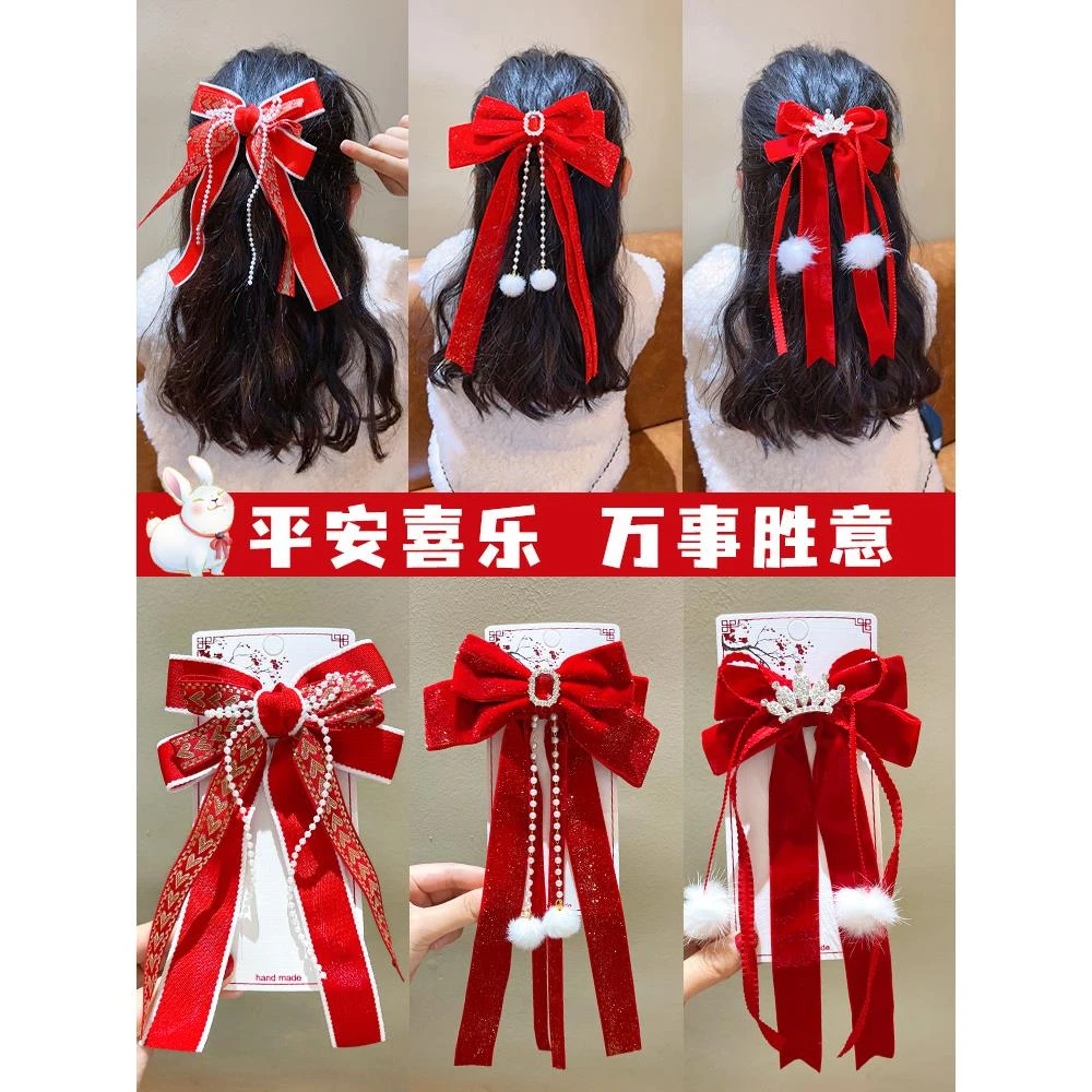 女童红色蝴蝶结长飘带发夹宝宝新年毛绒夹子小女孩后脑勺丝绒发卡