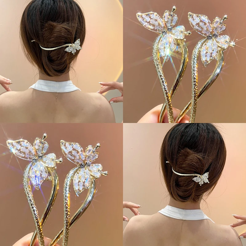 蝴蝶发夹女锆石高级感后脑勺盘发抓夹气质金属一字夹青蛙扣头饰夏