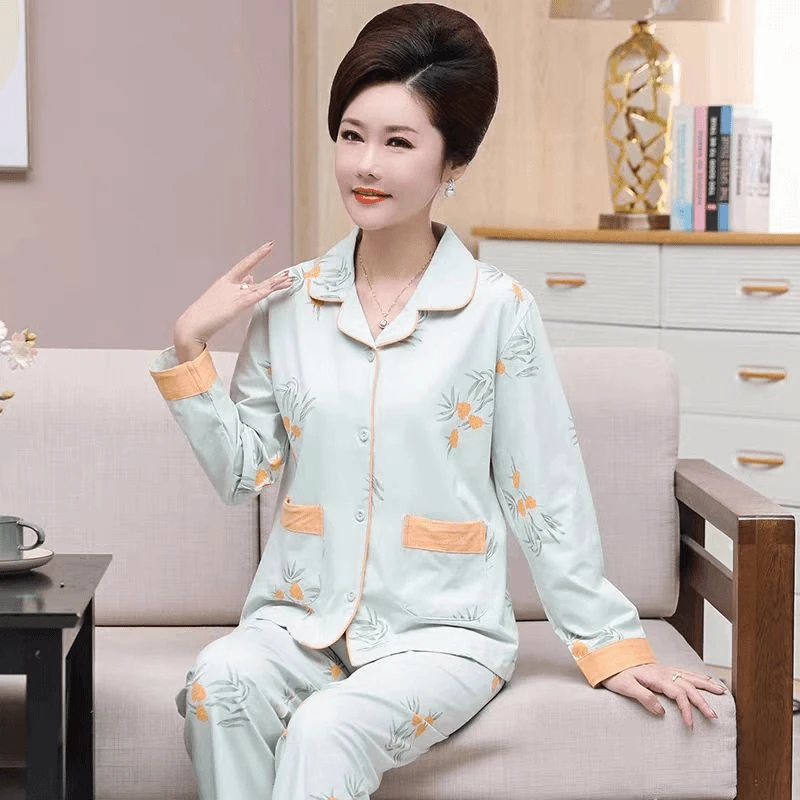 女士睡衣纯棉中年妈妈2024春秋季开衫薄款大码宽松家居服长袖套装
