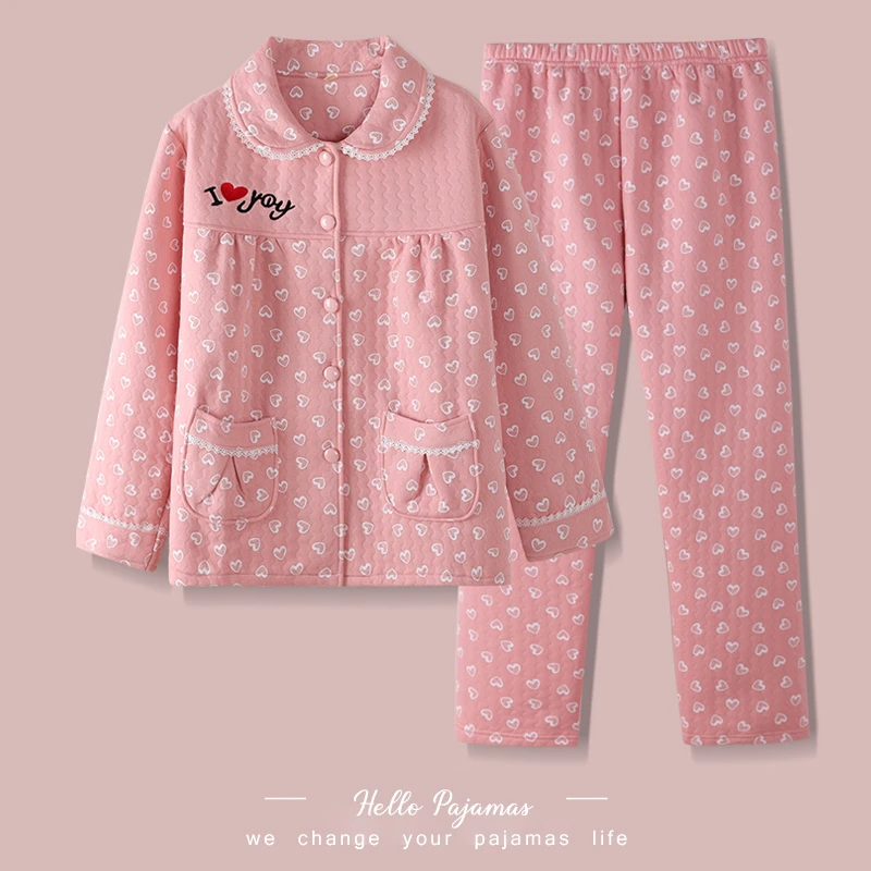 中年女士空气棉夹层睡衣秋冬季中老年妈妈加厚大码休闲家居服套餐