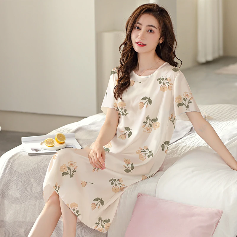 2026夏季冰丝薄款睡衣女休闲凉爽可外穿宽松加大码家居服短袖睡裙