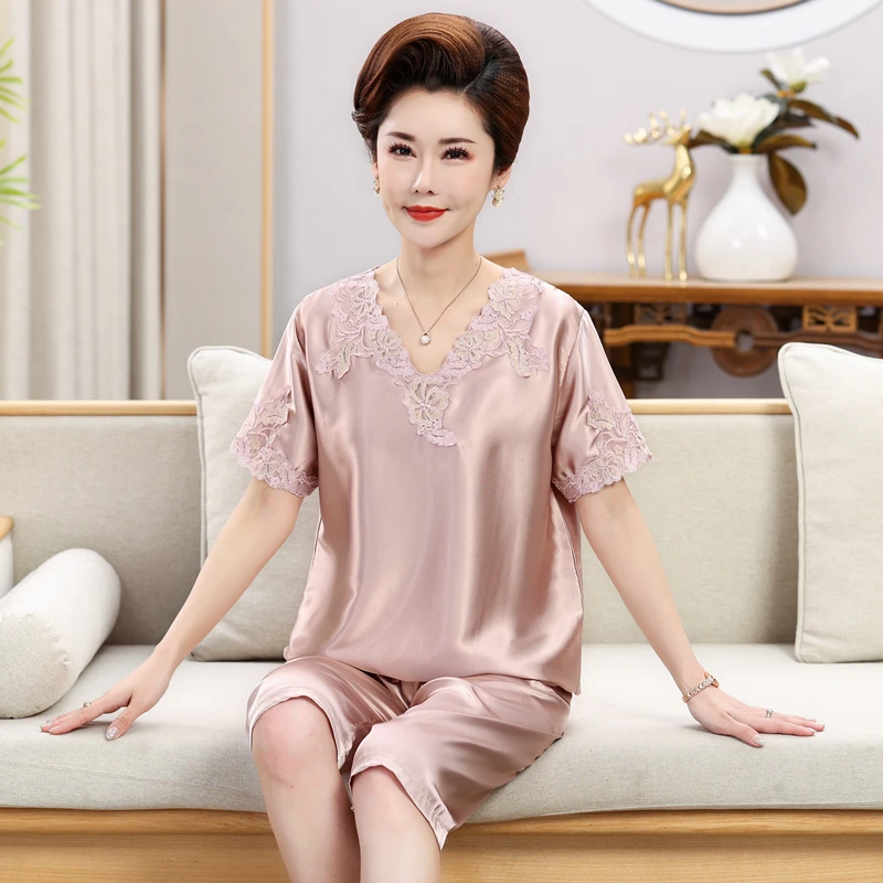 女士冰丝睡衣夏季薄款凉感中年妈妈宽松休闲家居服短袖七分裤套装