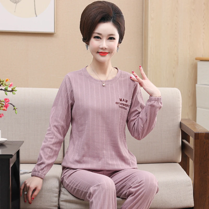 中老年人女士睡衣春秋款套头长袖薄款休闲可外穿加大码家居服套装