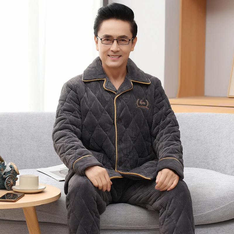 中老年男士三层加厚珊瑚绒夹棉睡衣秋冬季中年爸爸保暖家居服套装