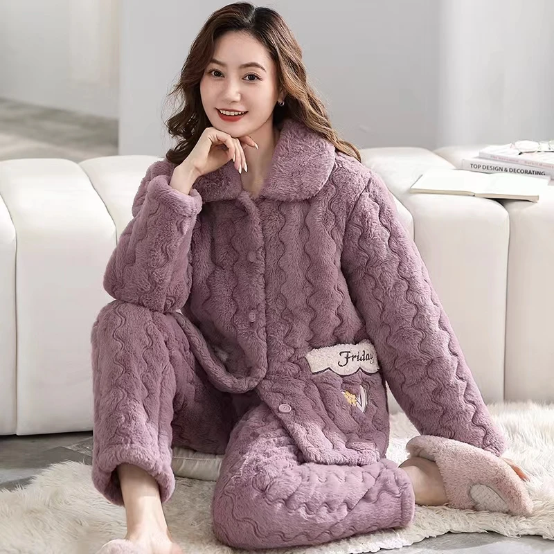 中老年女士珊瑚绒睡衣秋冬季三层加厚法兰绒夹棉袄可外穿家居服