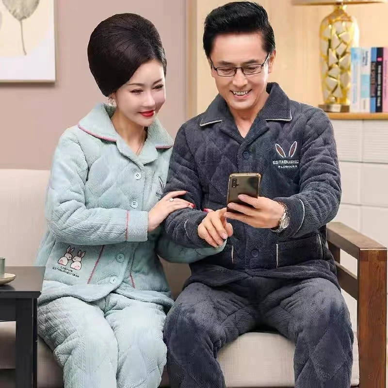中老年情侣睡衣秋冬季珊瑚绒三层夹棉袄加绒加厚保暖家居服两件套