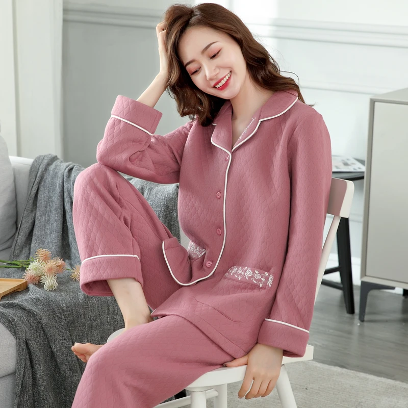 中老年女士夹层棉睡衣春秋加厚长袖长裤秋冬季中年妈妈保暖家居服