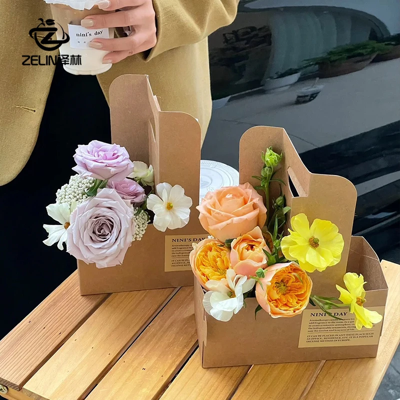 泽林咖啡奶茶花盒外带包装盒鲜花手提盒插花礼盒花束包装牛皮纸盒