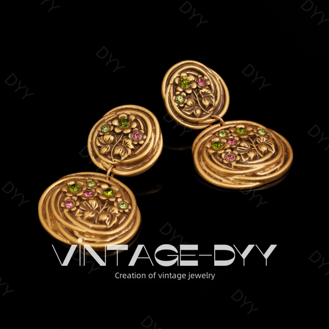 合金合成锆石耳饰 vintage复古做旧圆盘小花吊坠气质个性耳钉耳拍