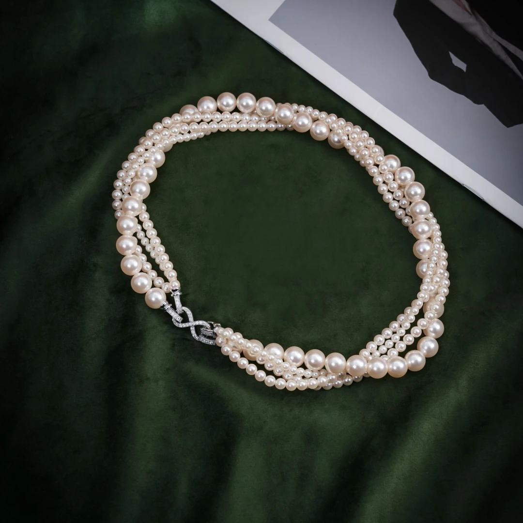 合金仿珍珠项链 10MM 5MM 4MM  四层叠带项链蝴蝶8字扣一款多带