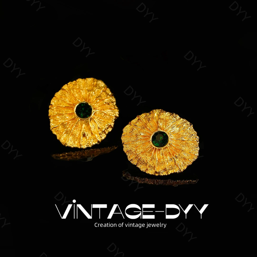 合金合成锆石耳饰 vintage复古镶嵌金色荷叶宫廷风气质耳钉耳拍