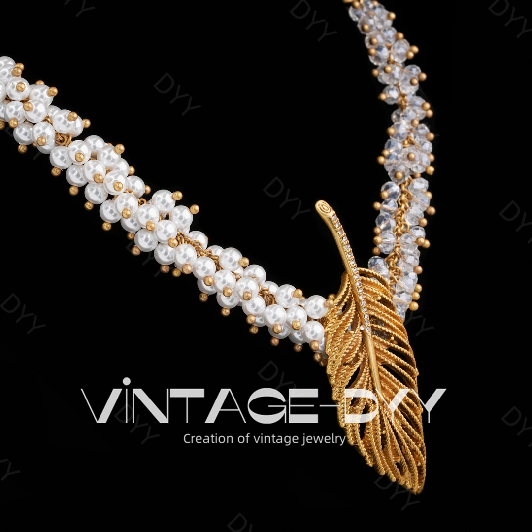合金项链 vintage复古重工气质手工镶嵌树叶麻花链时尚项链