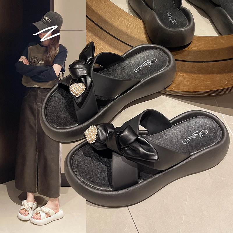 几乐女拖鞋网红休闲夏季爱心蝴蝶结平底时尚百搭外穿厚底