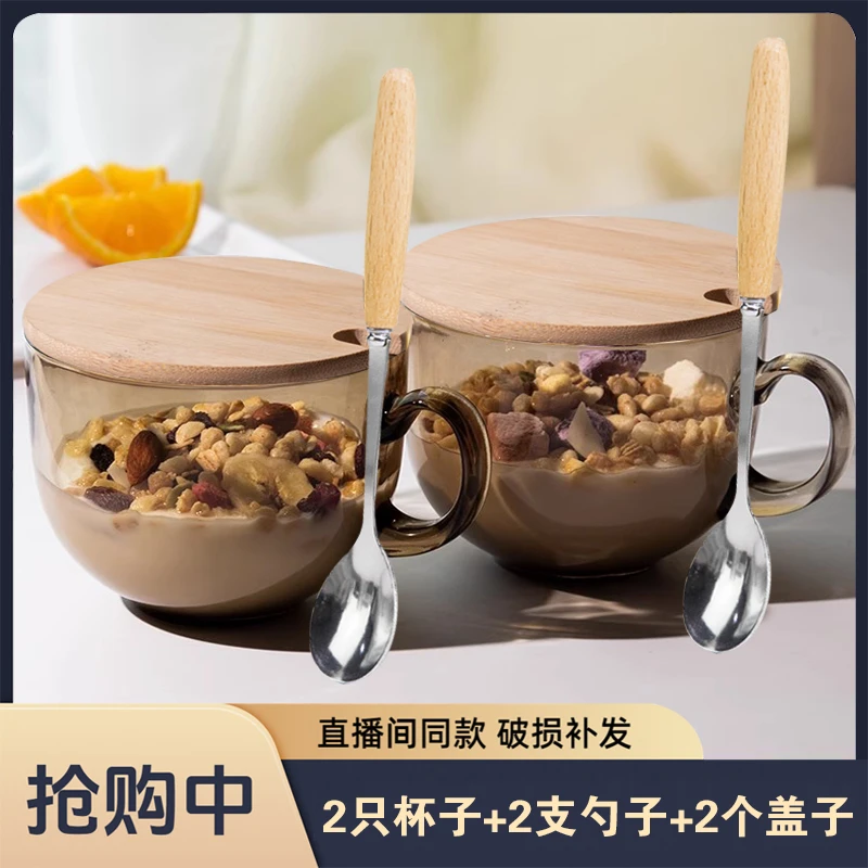 茶色玻璃水杯带盖勺燕麦早餐杯子家用喝水茶杯带把咖啡杯女牛奶杯
