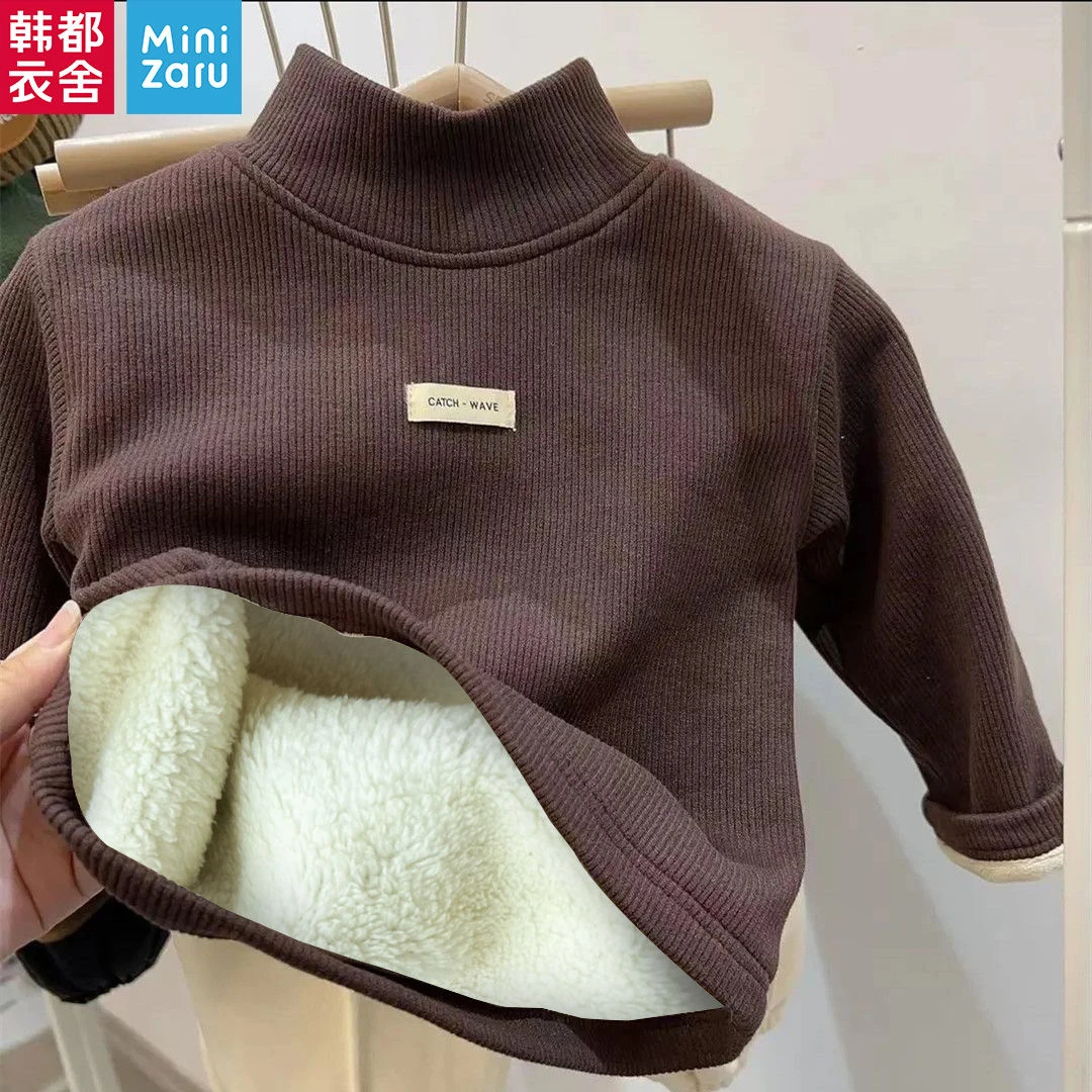 童装女童加绒卫衣毛衣童装男女加绒加厚儿童保暖竖纹上衣圆领男童