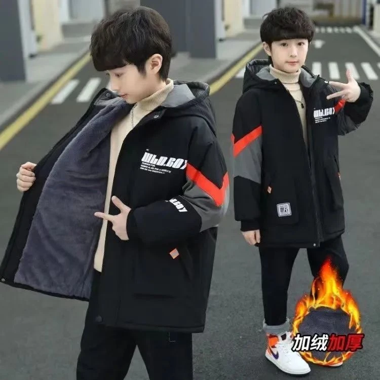 新款男童冬装外套加绒加厚棉服2023中大童男孩秋冬季棉袄休闲风衣