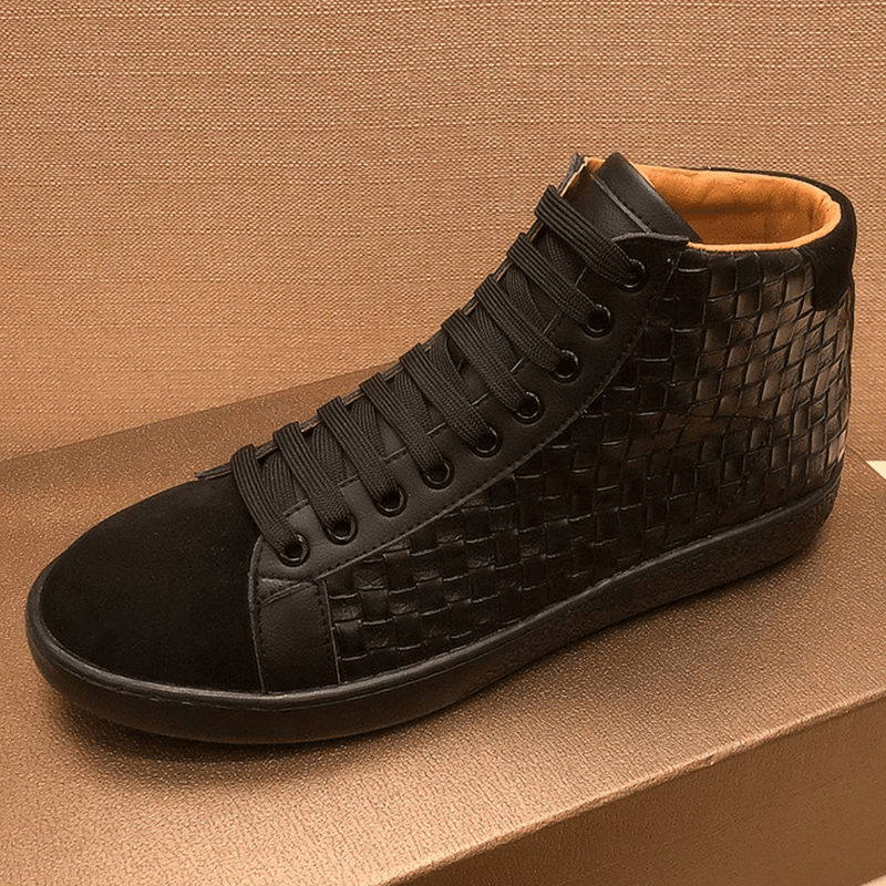 男鞋2022新款欧洲站潮牌高帮板鞋男真皮编织潮流百搭男士休闲鞋子