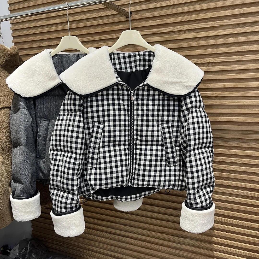 时尚设计感百搭短款面包服女冬季高级感气质加厚保暖格子翻领外套