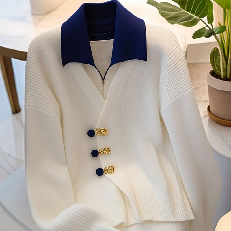 2024秋季白色假两件针织衫上衣女设计感小众高级感气质小香风毛衣