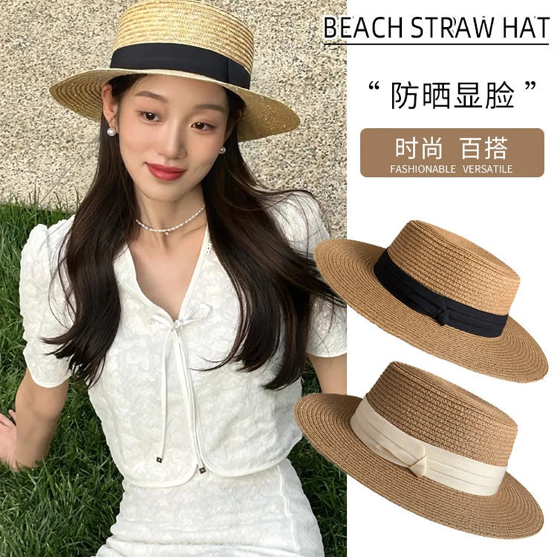 法式平顶草帽女2025新款夏季大帽檐遮阳帽海边度假大头围编织礼帽