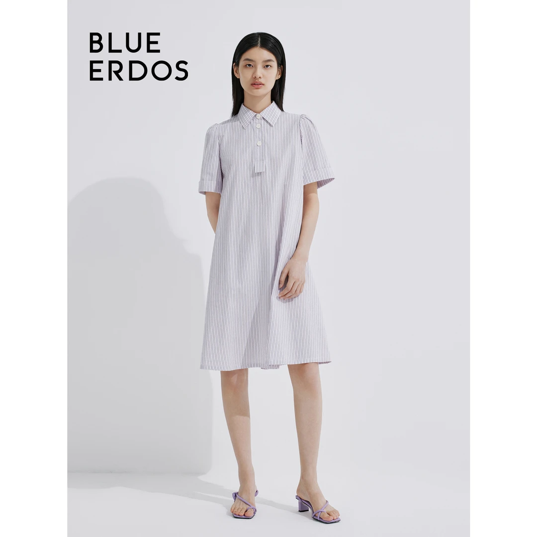 BLUE ERDOS 秋冬纯棉条纹中长款衬衫领通勤连衣裙B245I3012