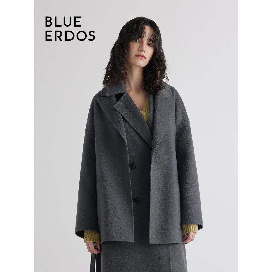 BLUE ERDOS 100%绵羊毛深灰女外套中长双面呢大衣B236K5007