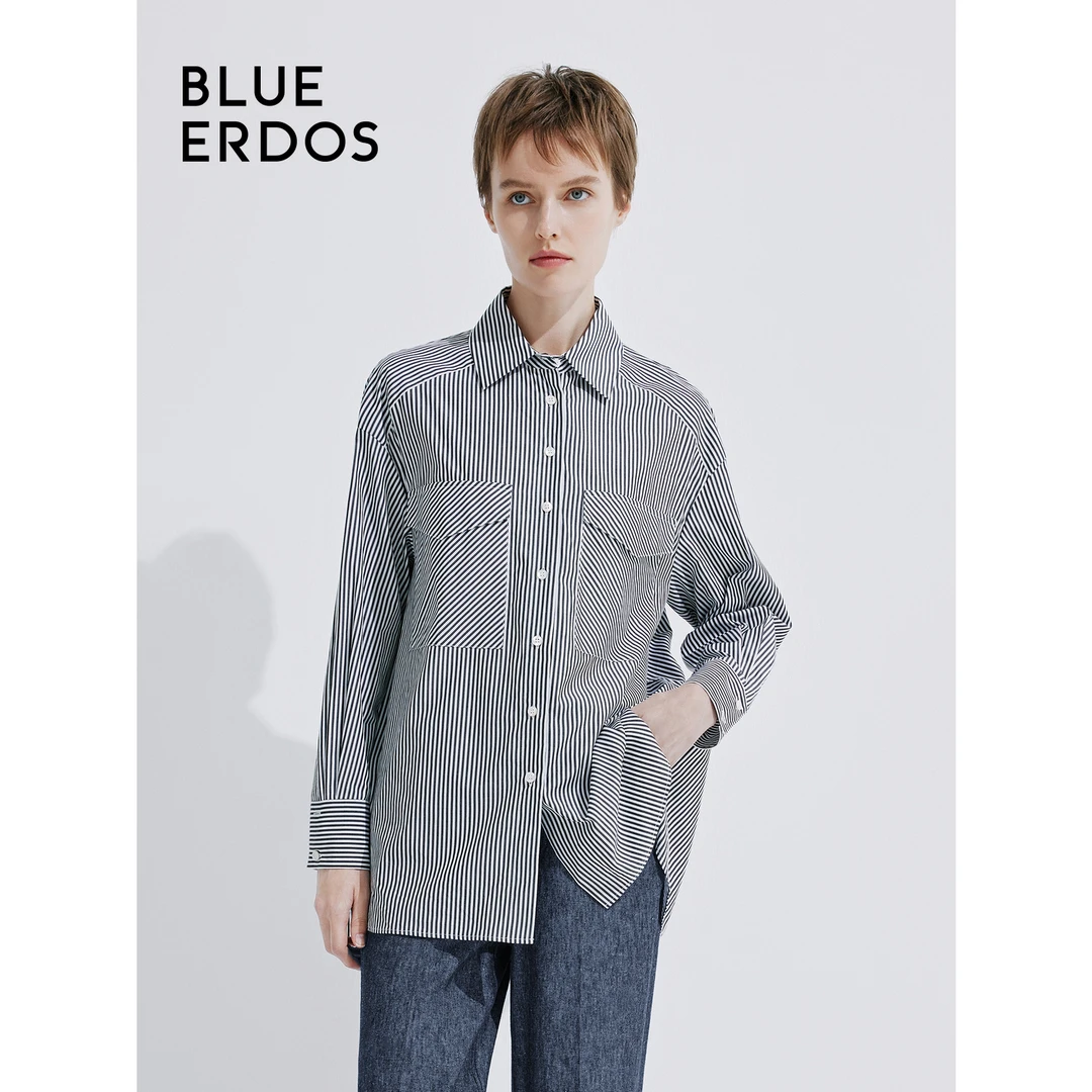 BLUE ERDOS 秋冬翻领宽松简约条纹纯棉单排扣衬衫B245HB052