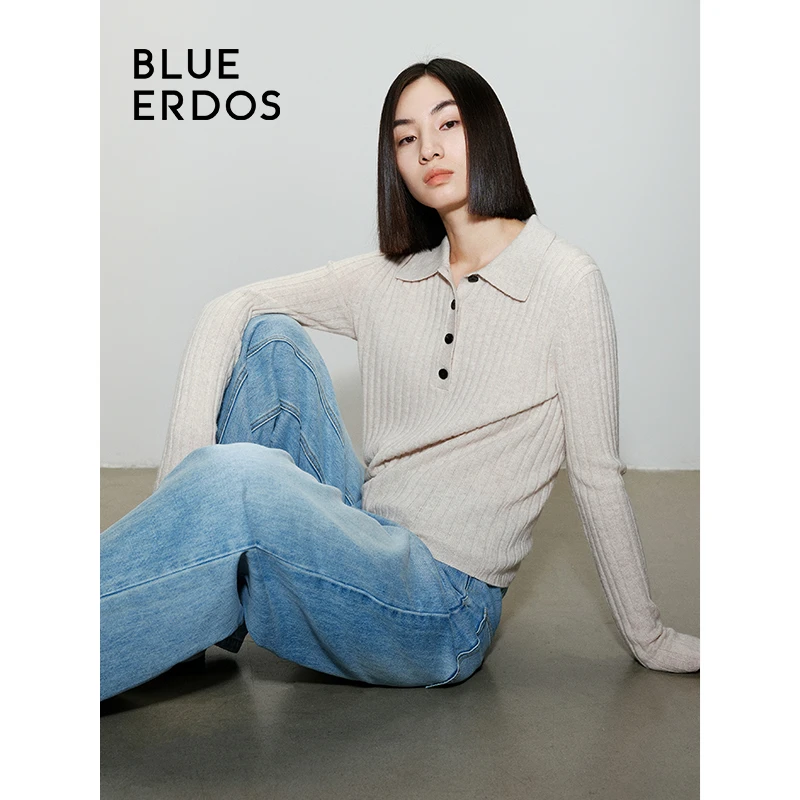 【BLUE ERDOS】24秋冬休闲直筒翻领羊绒混纺女针织套衫B246D0050