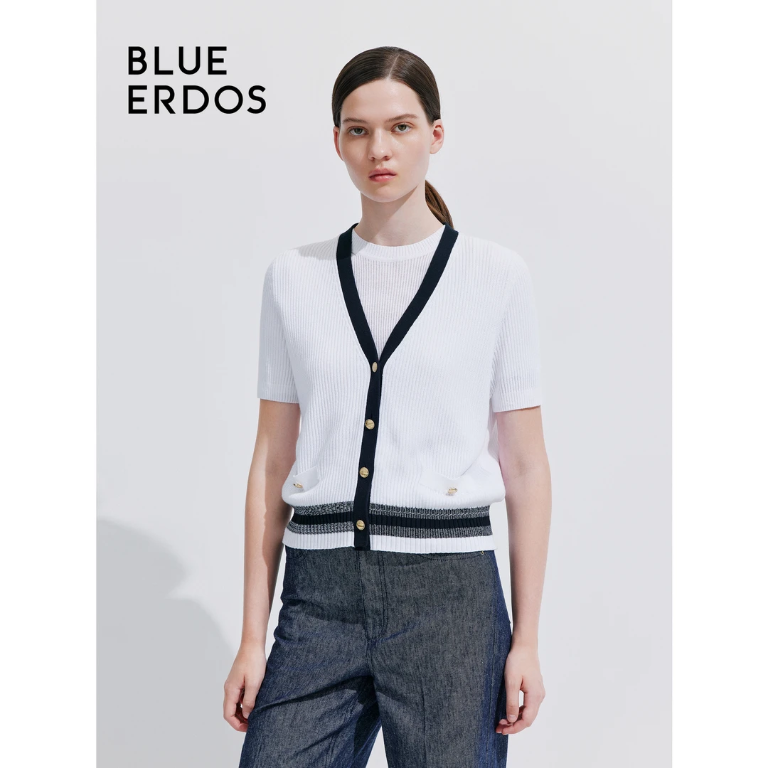 BLUE ERDOS秋冬纯棉V领翻花单排扣半袖针织开衫B245D1036