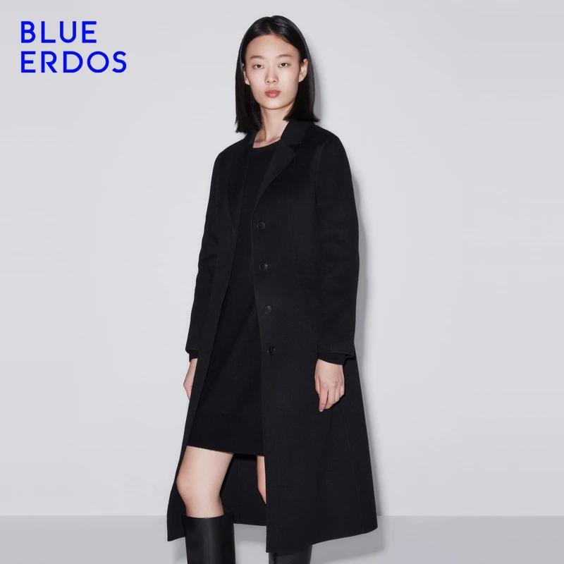 BLUEERDOS 毛呢大衣风衣女羊毛混纺舒适中长款黑色外套羊绒