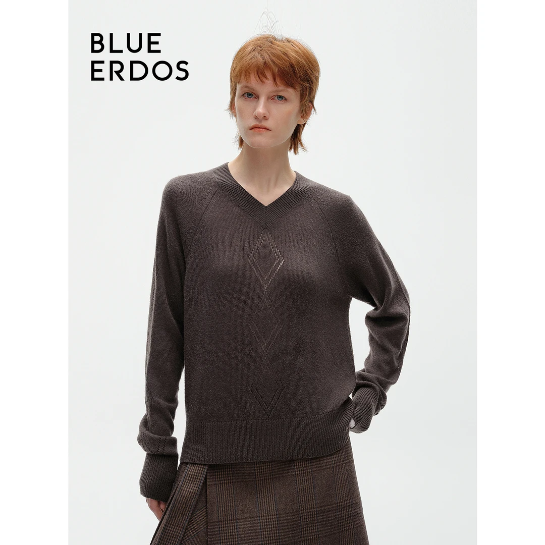 BLUE ERDOS秋冬美拉德V领慵懒风绵羊毛山羊绒针织套衫B246A0056