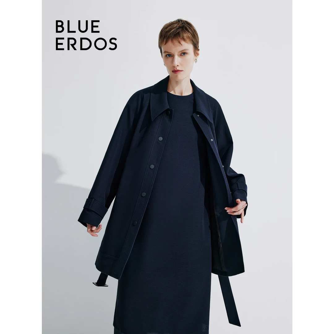 秋冬BLUE ERDOS羊毛混纺华夫格系带翻领女外套B245HF011
