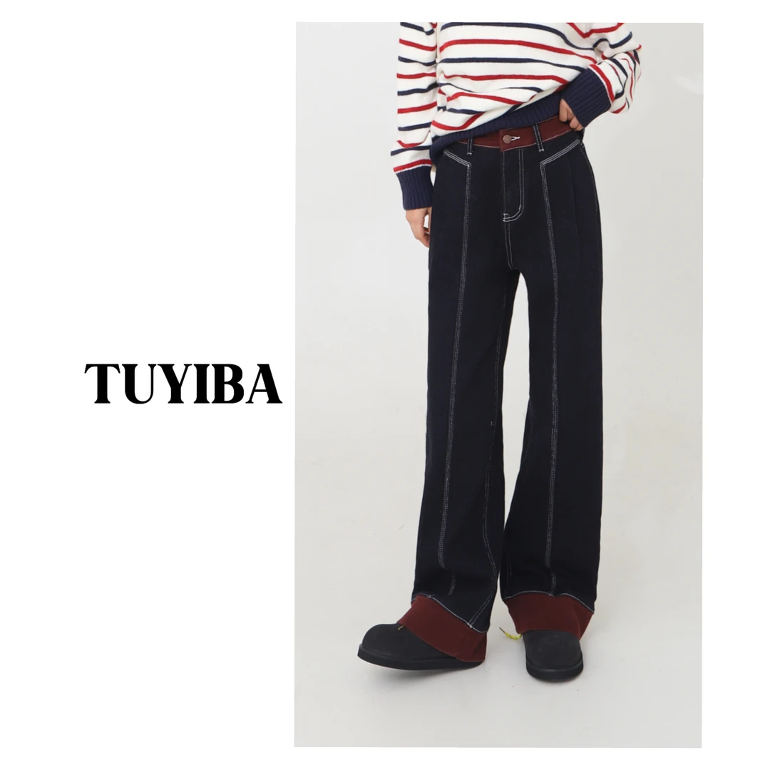 【兔兔】秋冬季新款韩版复古水洗撞色抓绒牛仔裤女2379